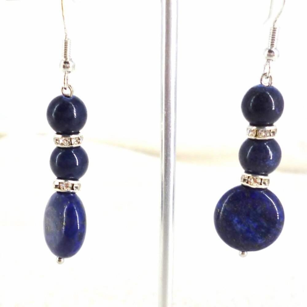 Drop Earrings Indigo Blue Stones & Crystals 2 1/8" Flat Disks 925 NWOT M538